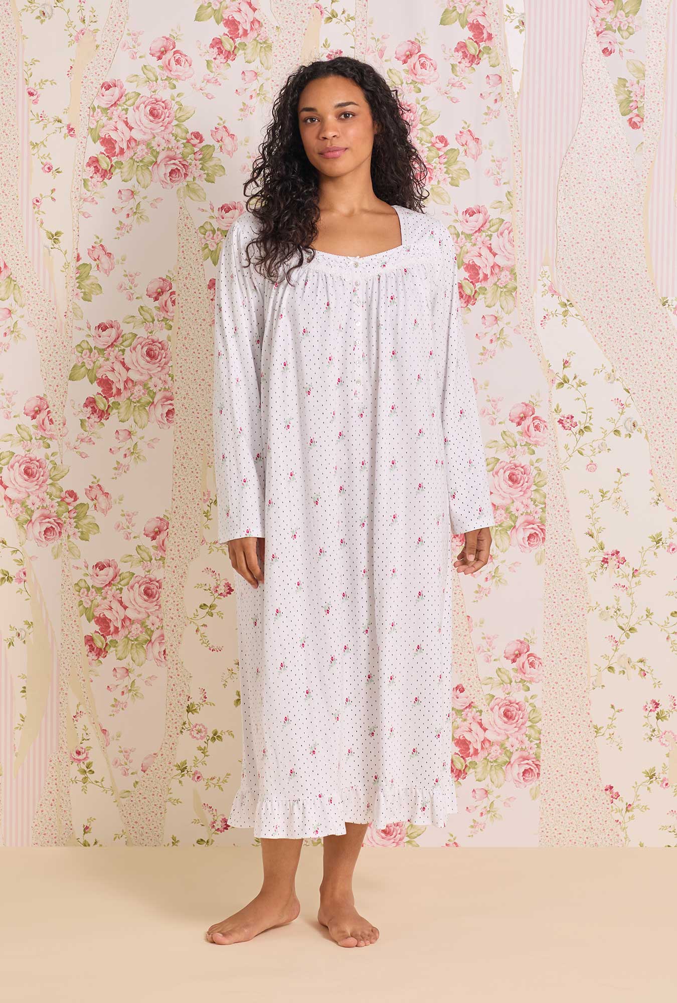 A Lady wearing Rosebud Dot Cotton Knit Long Sleeve Ballet Nightgown