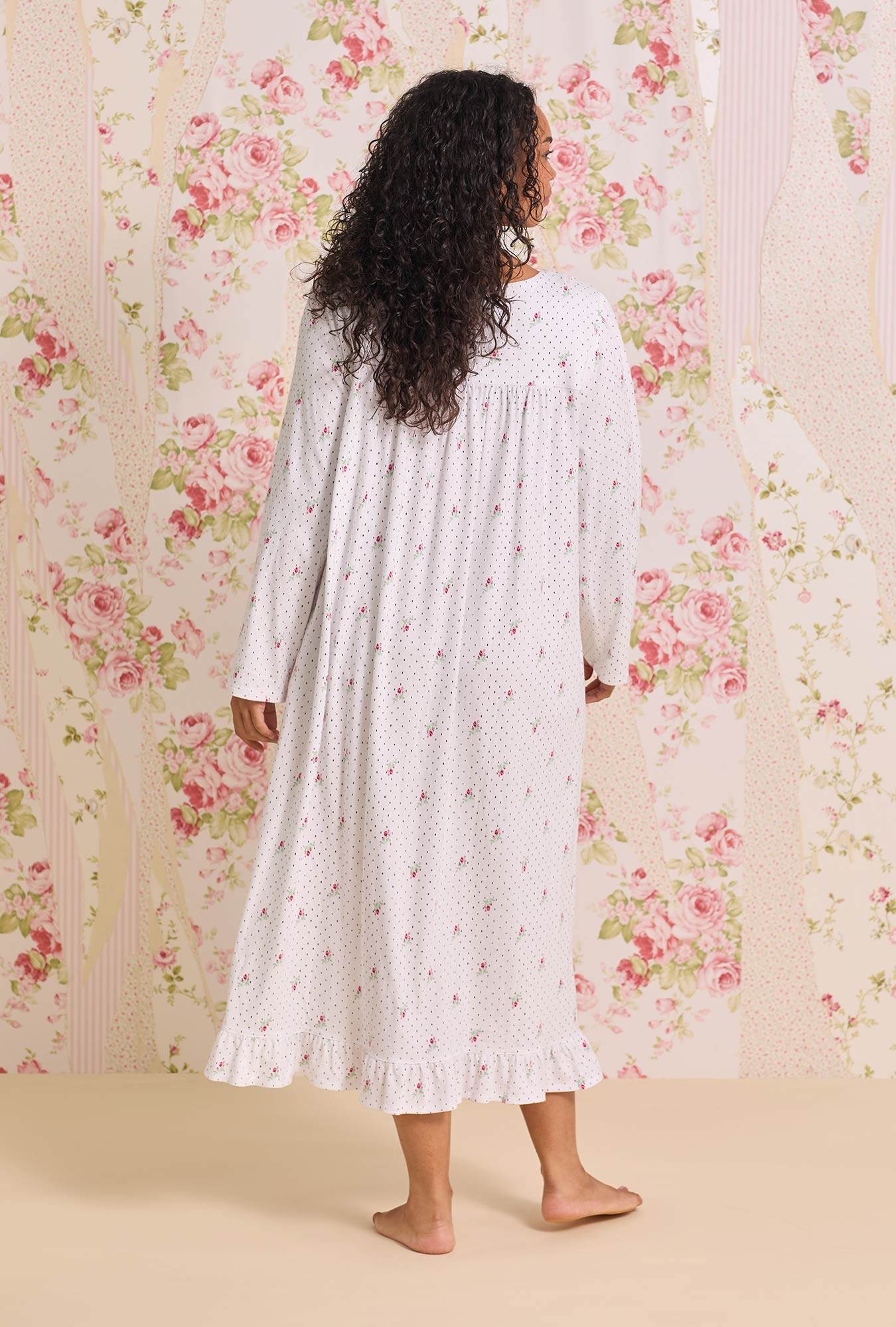 A Lady wearing Rosebud Dot Cotton Knit Long Sleeve Ballet Nightgown