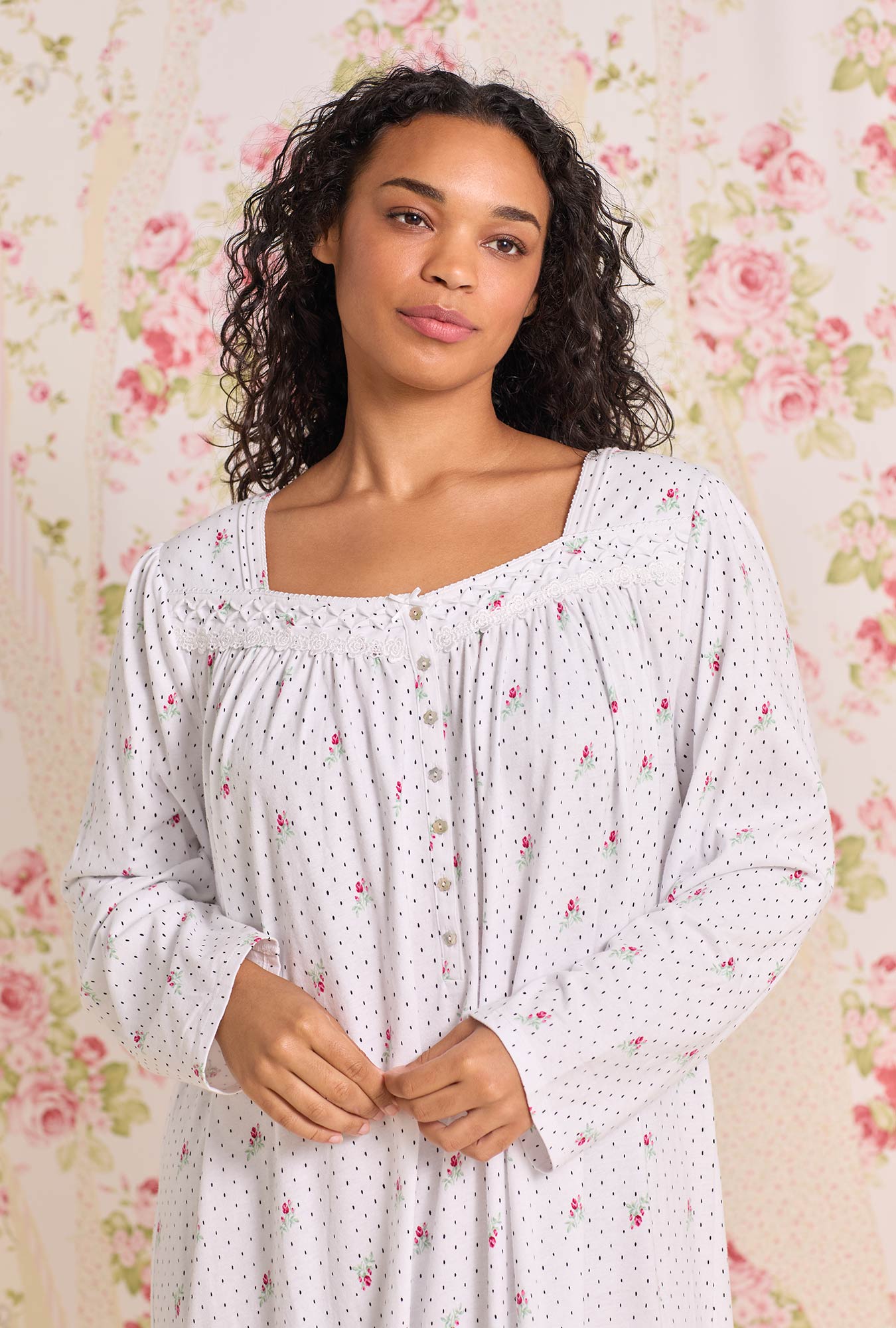 A Lady wearing Rosebud Dot Cotton Knit Long Sleeve Ballet Nightgown