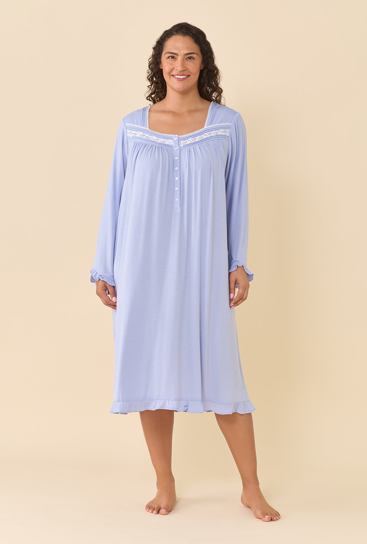 A lady wearing plus size Peri Long Sleeve Nightgown