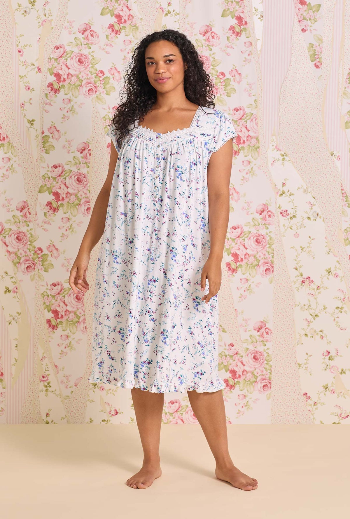 a lady wearing plus size Cottage Flora Cotton Pointelle Cap Sleeve Waltz Nightgown
