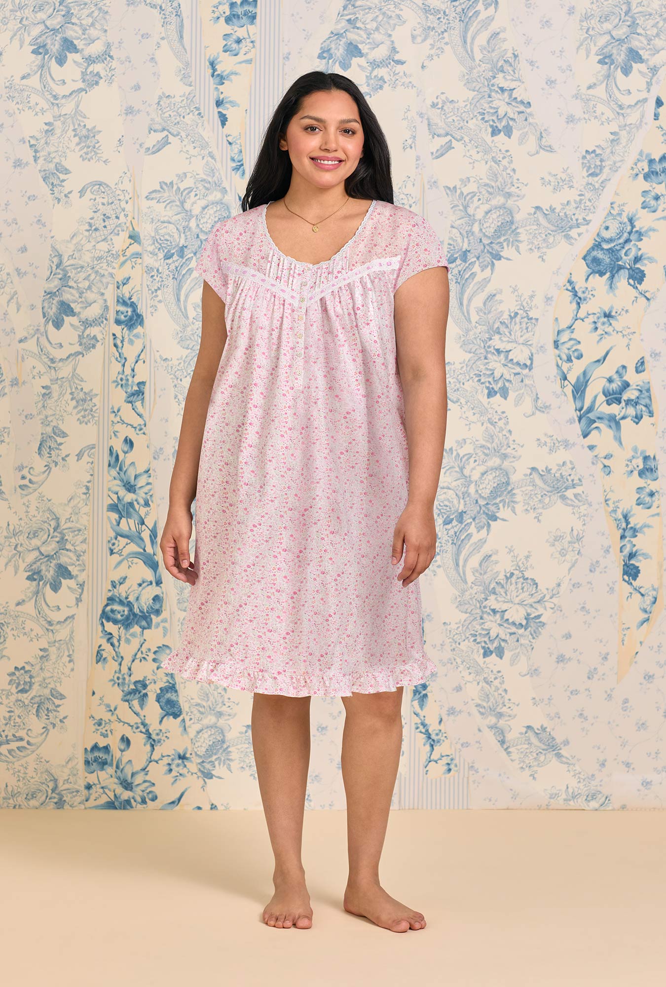 A lady wearing Pink Ditsy Cotton Knit Cap Sleeve Chemise