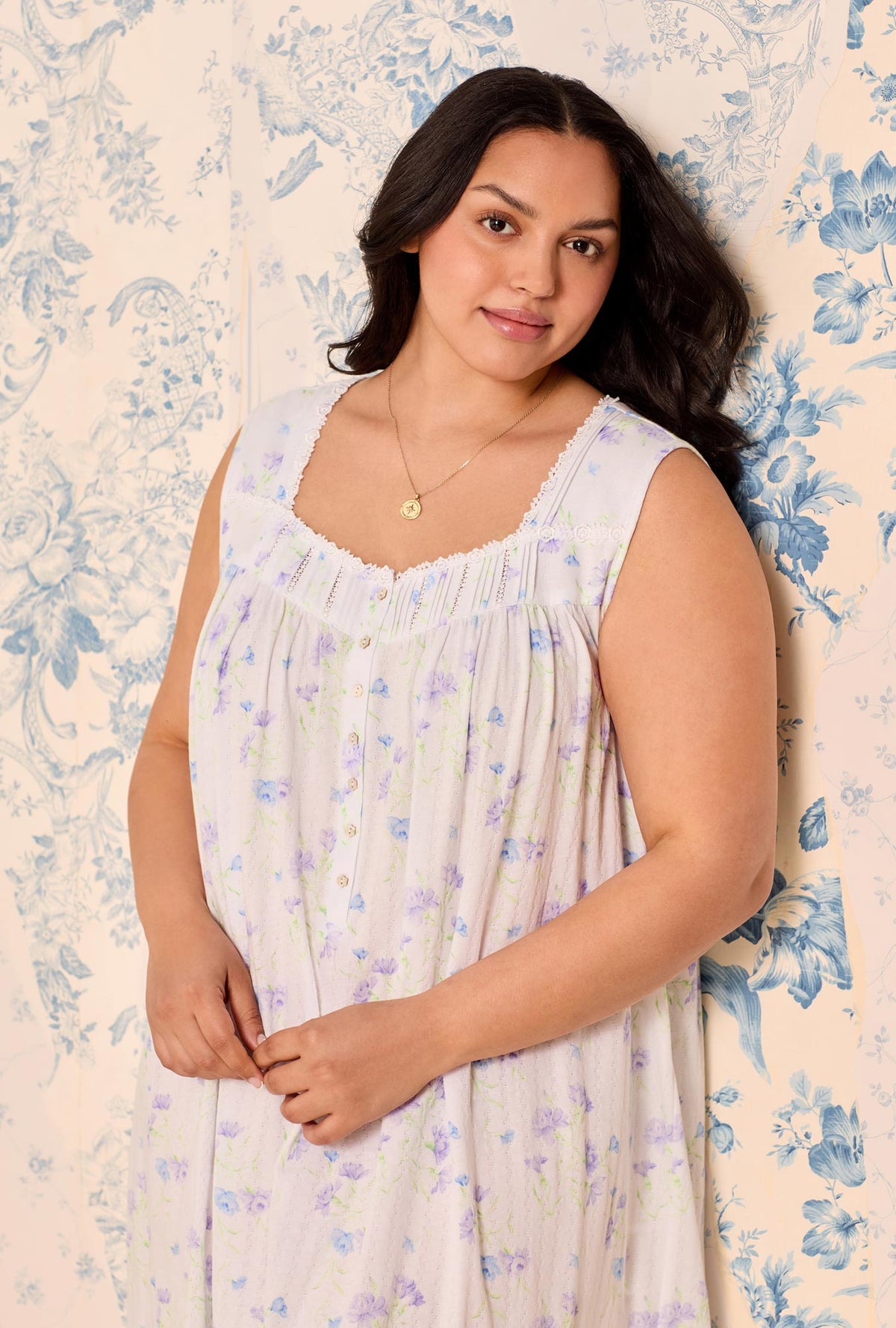 A lady wearing Wild Carnation Cotton Pointelle Plus Chemise