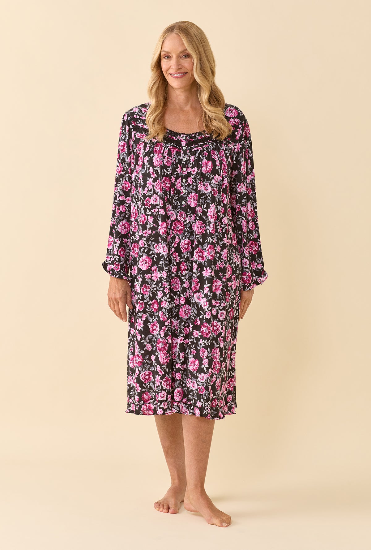 A lady wearing plus size Midnight Briar TENCEL™ Modal SpandexJersey Knit Long SleeveWaltz Nightgown 