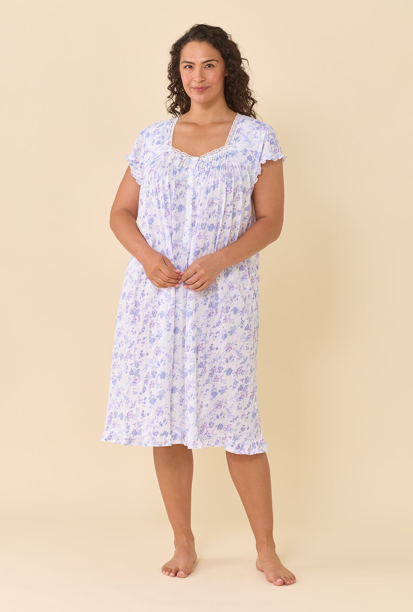 A lady wearing Wildflower Meadow Waltz Nightgown looking front