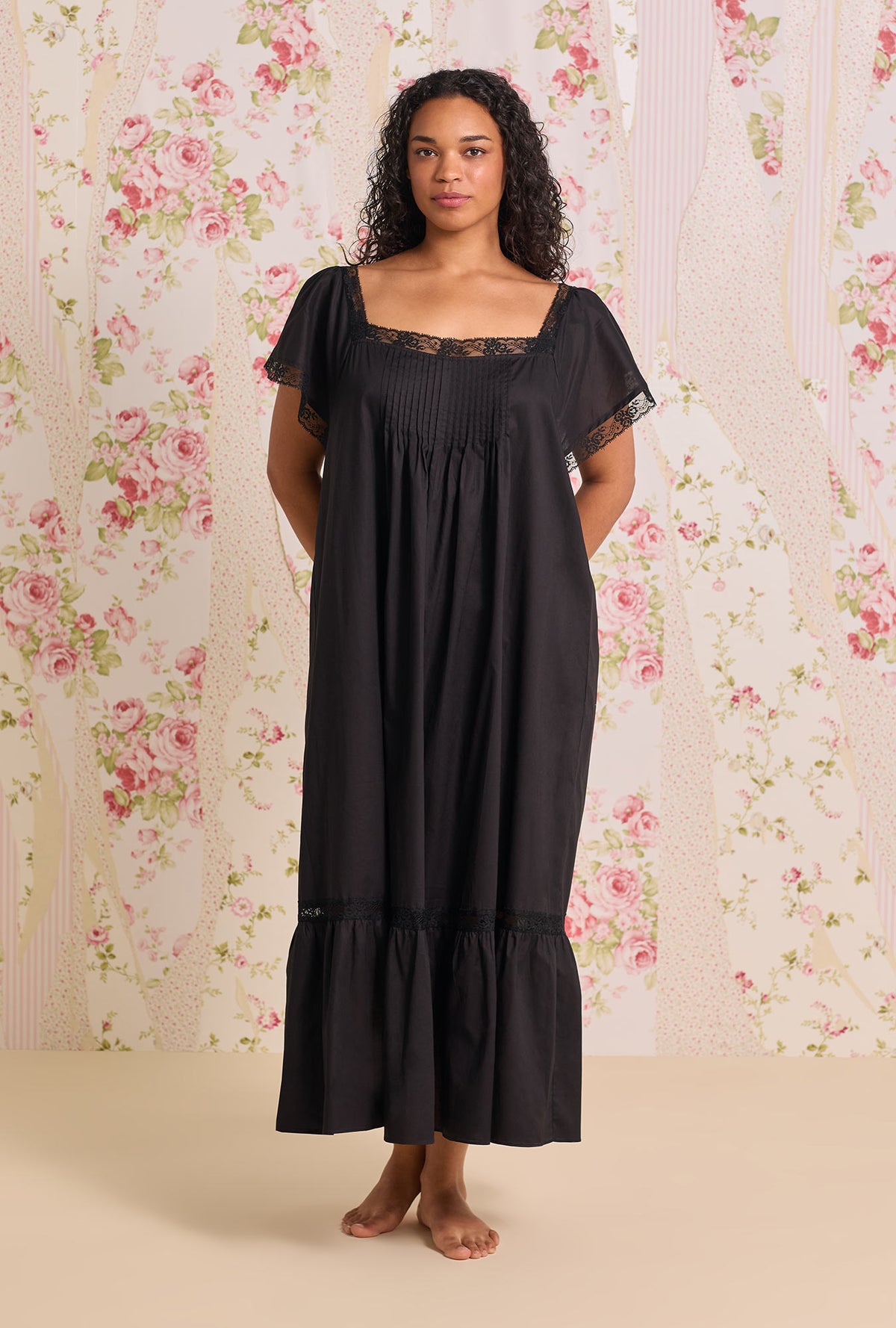 A Lady wearing The "Grace" Iconic Black Plus Cotton Lawn  Flutter Sleeve Ballet Nightgown
