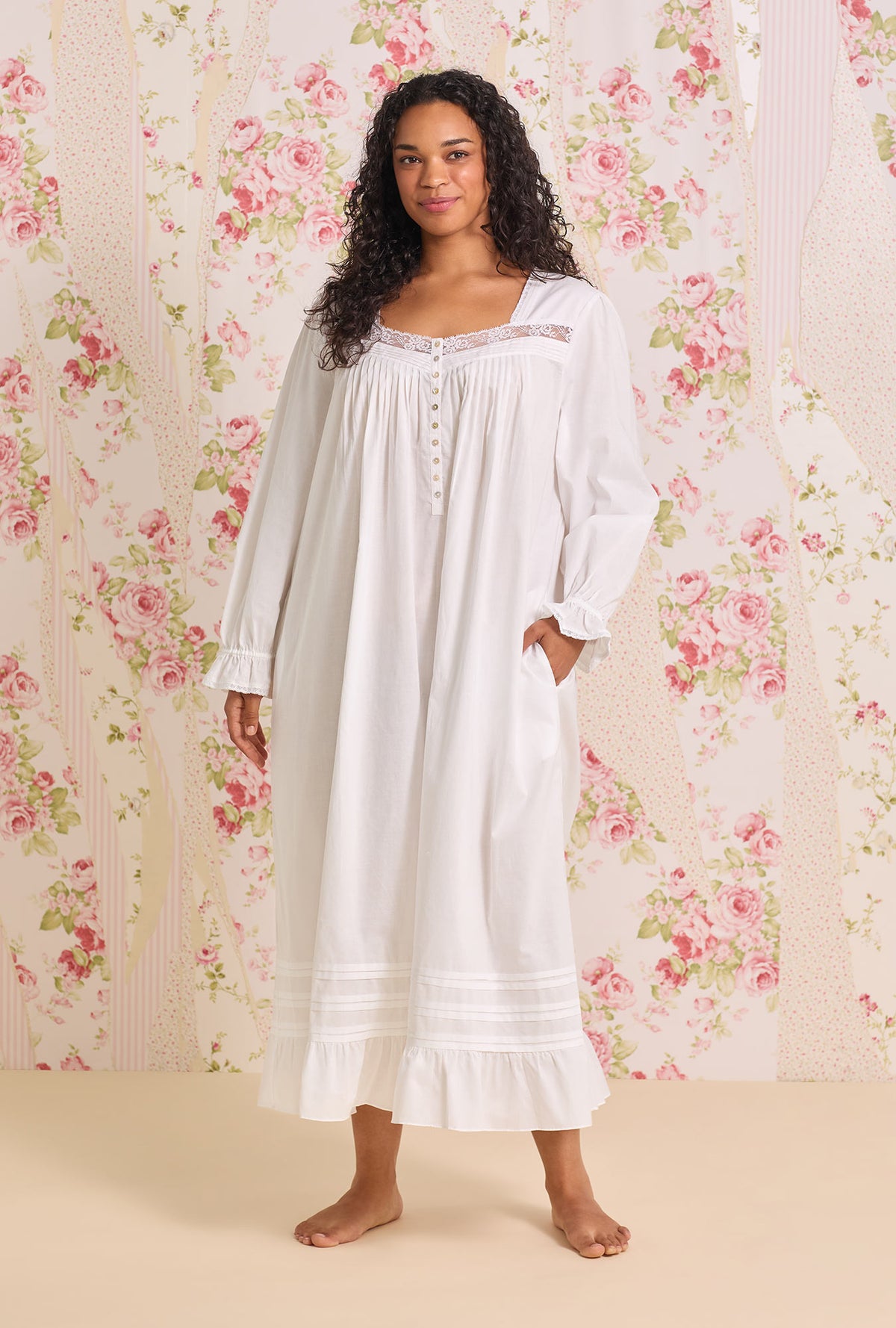 A Lady wearing Iconic White Cotton Lawn Long Sleeve Ballet Plus Nightgown