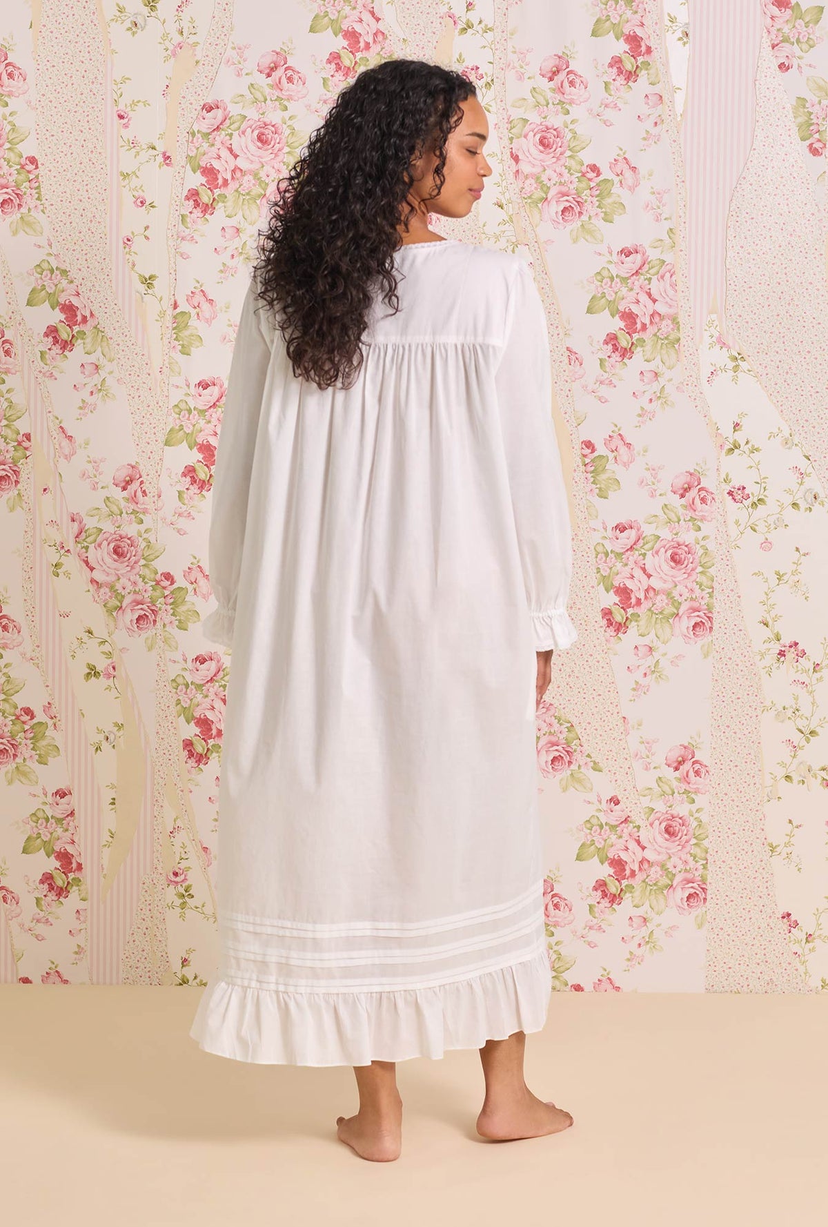 A Lady wearing Iconic White Cotton Lawn Long Sleeve Ballet Plus Nightgown