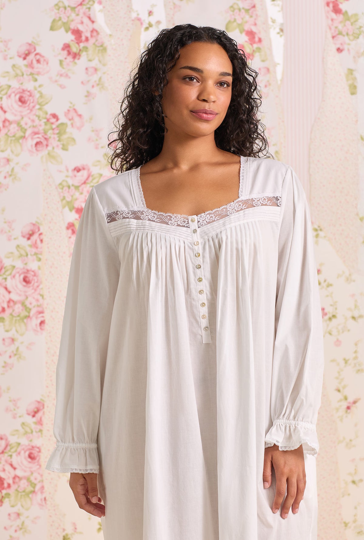 A Lady wearing Iconic White Cotton Lawn Long Sleeve Ballet Plus Nightgown