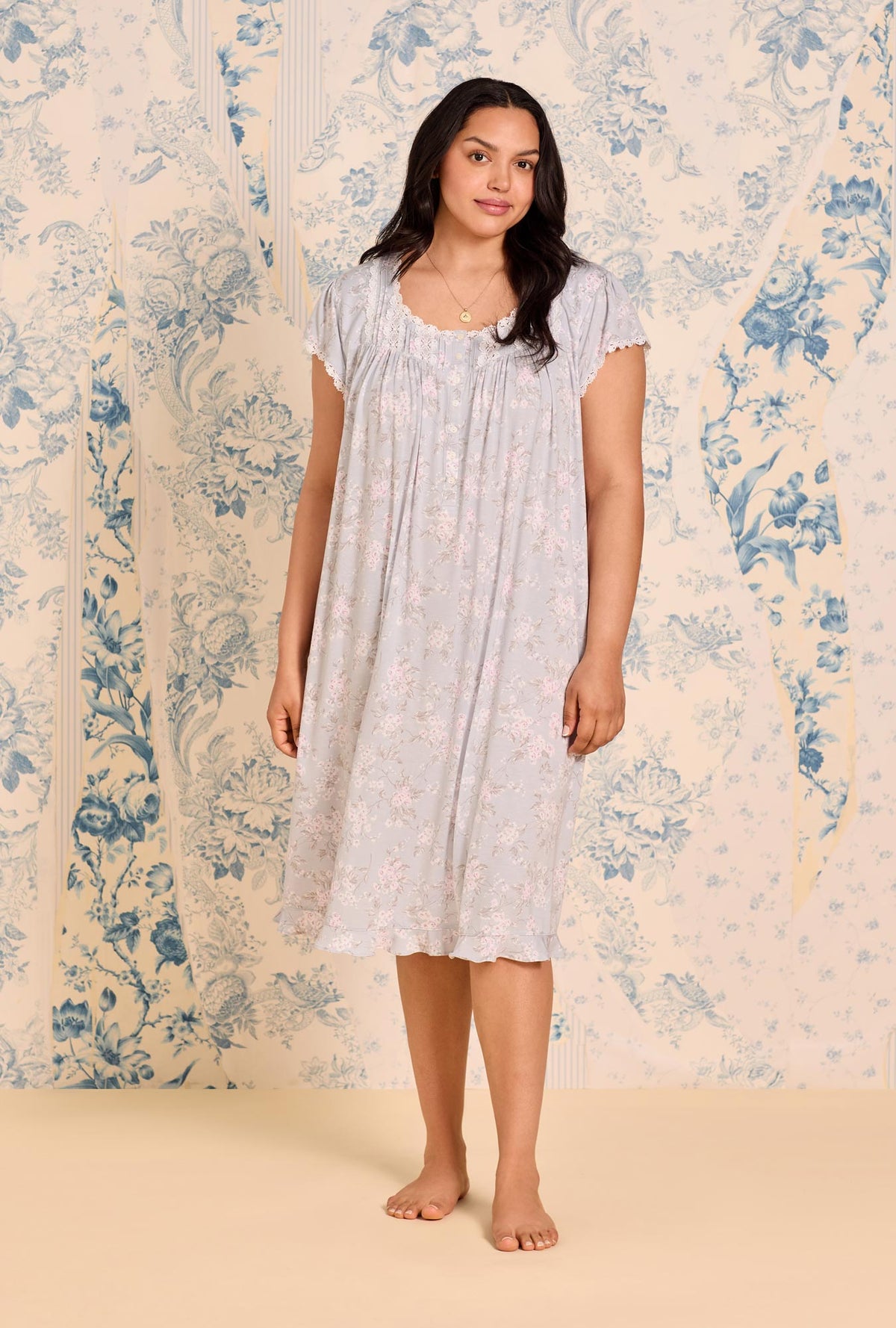 A lady wearing Blush Bouquet Tencel ™ Modal Waltz Plus Nightgown