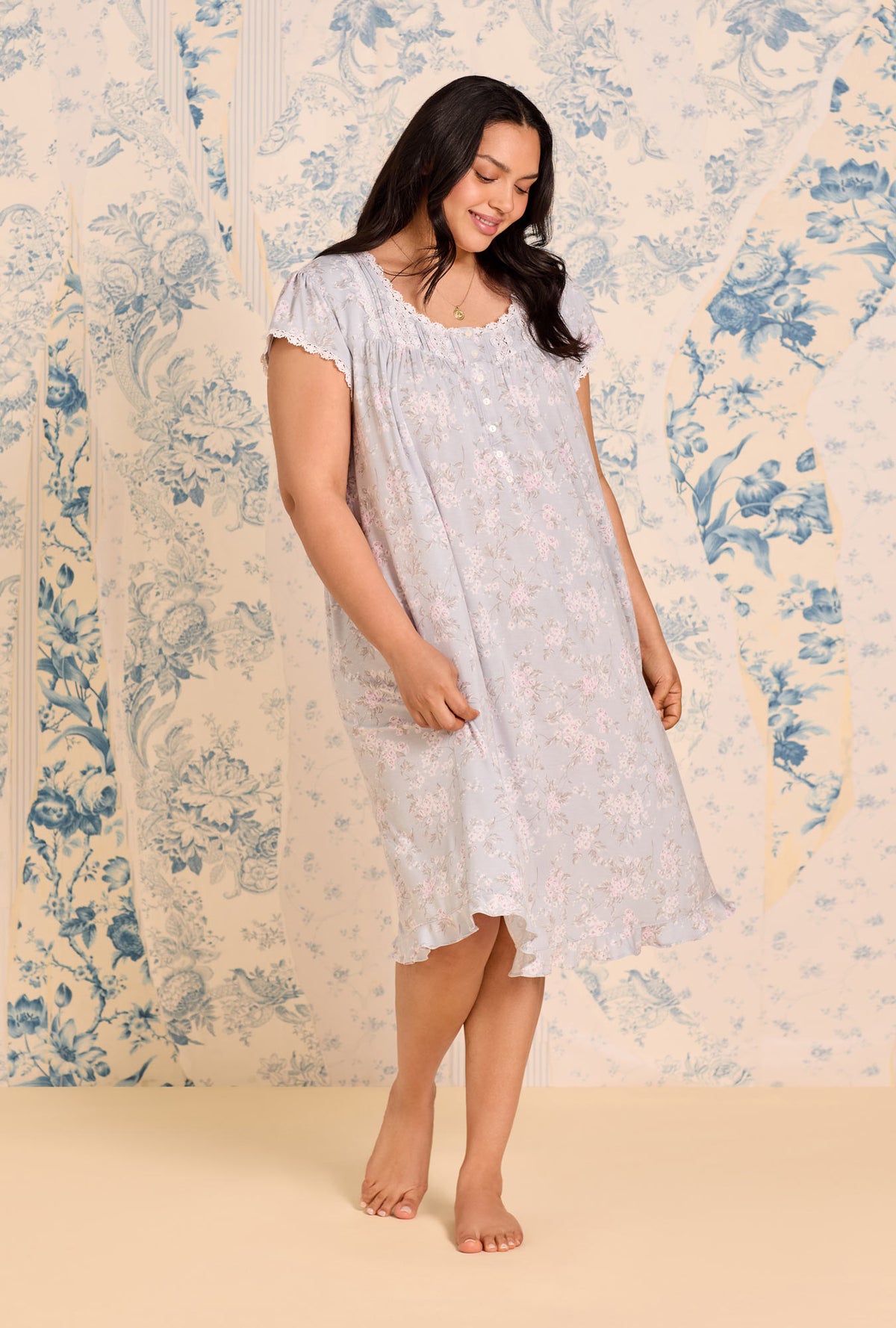 A lady wearing Blush Bouquet Tencel ™ Modal Waltz Plus Nightgown
