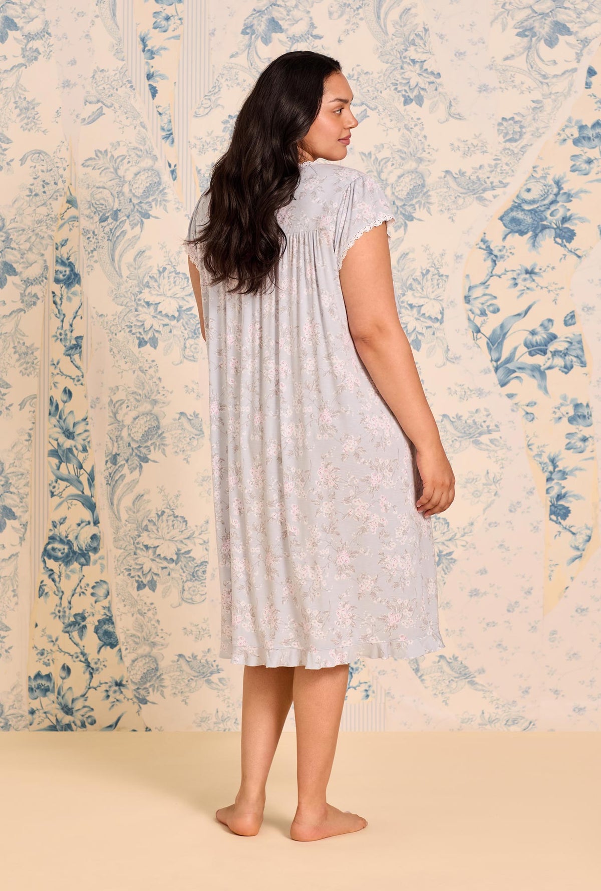 A lady wearing Blush Bouquet Tencel ™ Modal Waltz Plus Nightgown