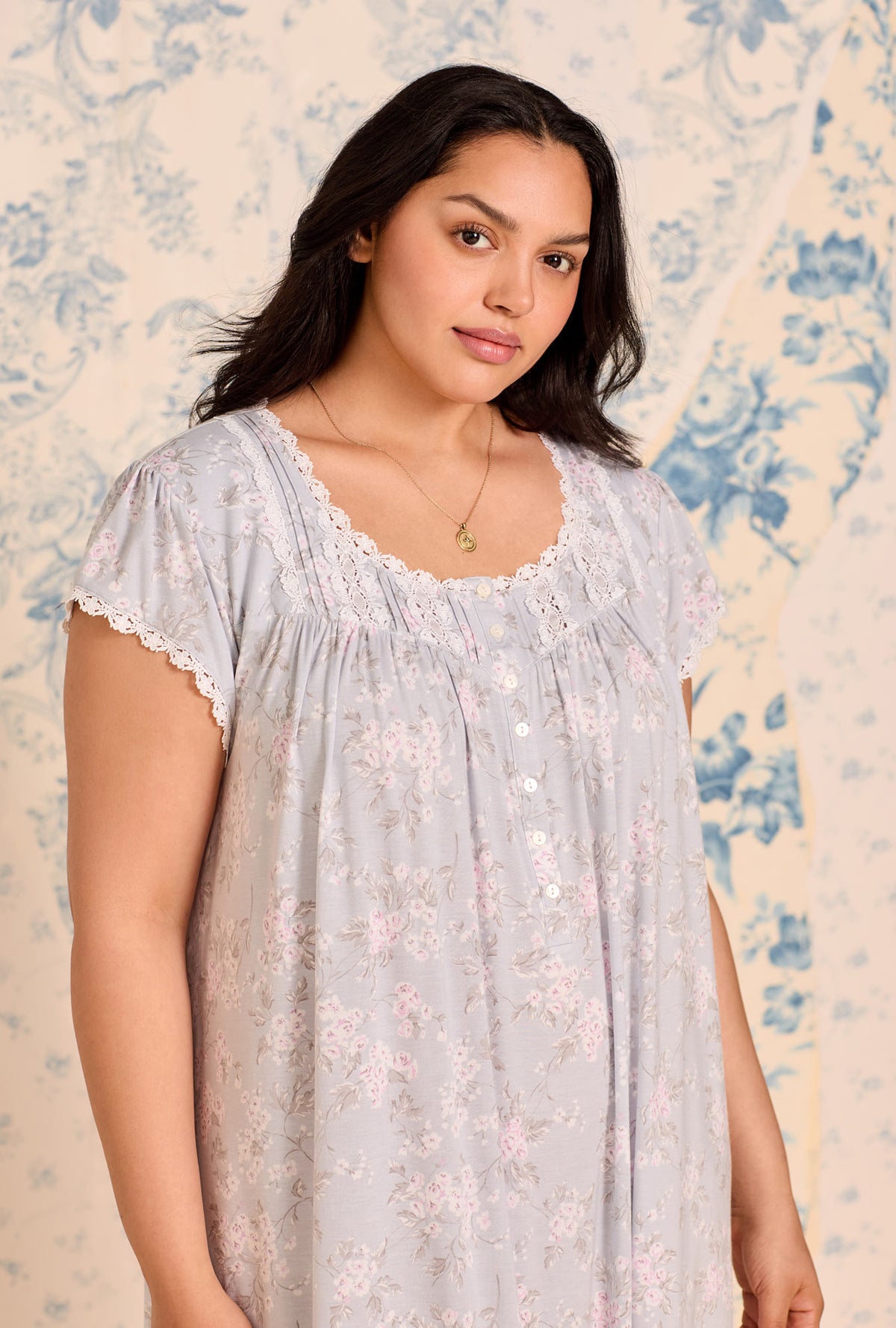 A lady wearing Blush Bouquet Tencel ™ Modal Waltz Plus Nightgown