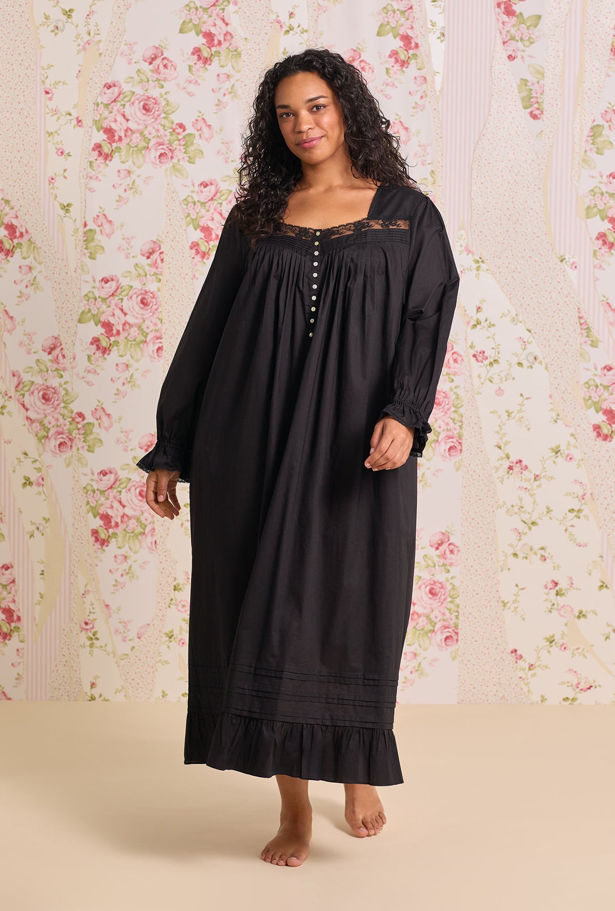 A Lady wearing Iconic Black Cotton Lawn Long Sleeve Baller Plus Nightgown