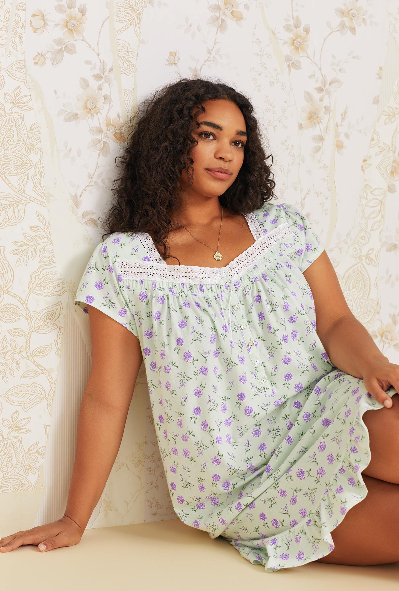 A lady wearing light green short sleeve  Cotton Knit Nightgown with Mint Floral  print