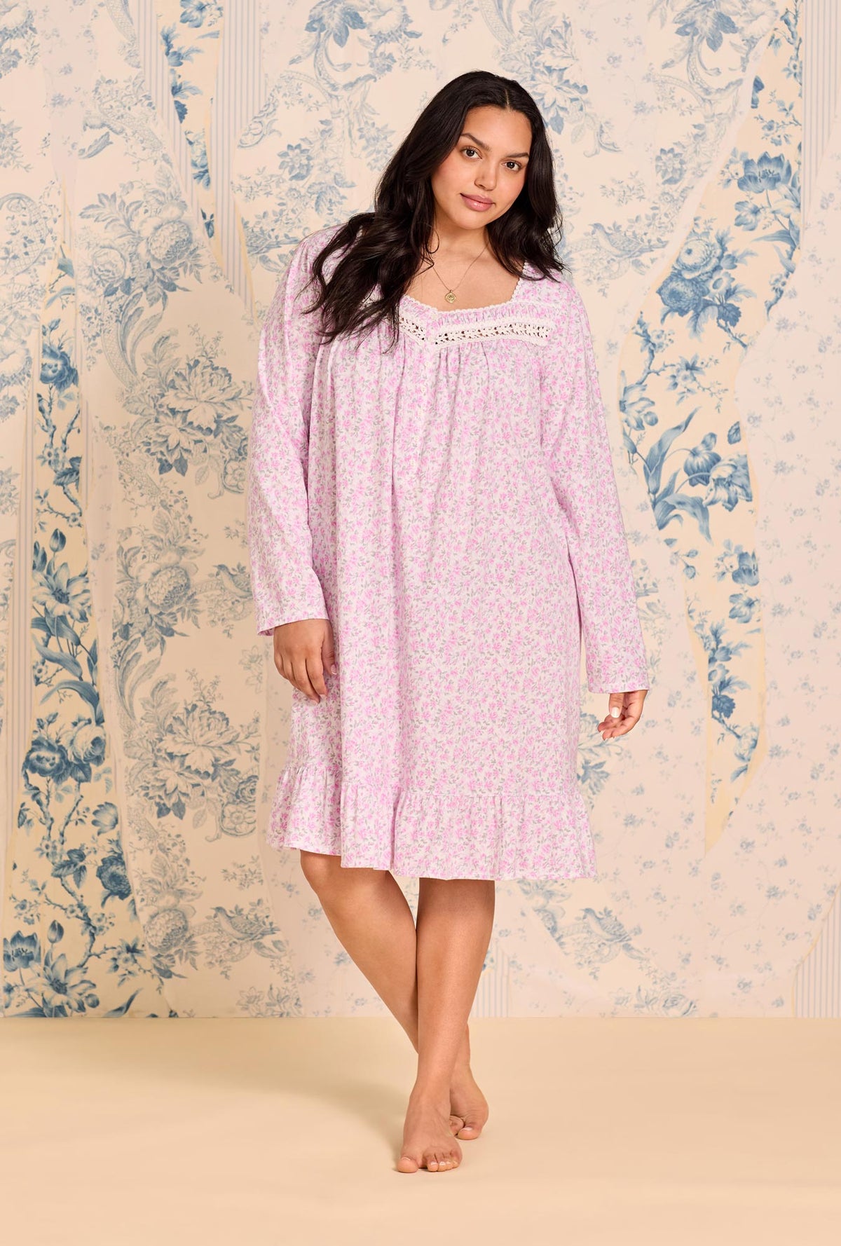 A lady wearing Rose Tangle Cotton Knit Long Sleeve Short Plus Nightgown
