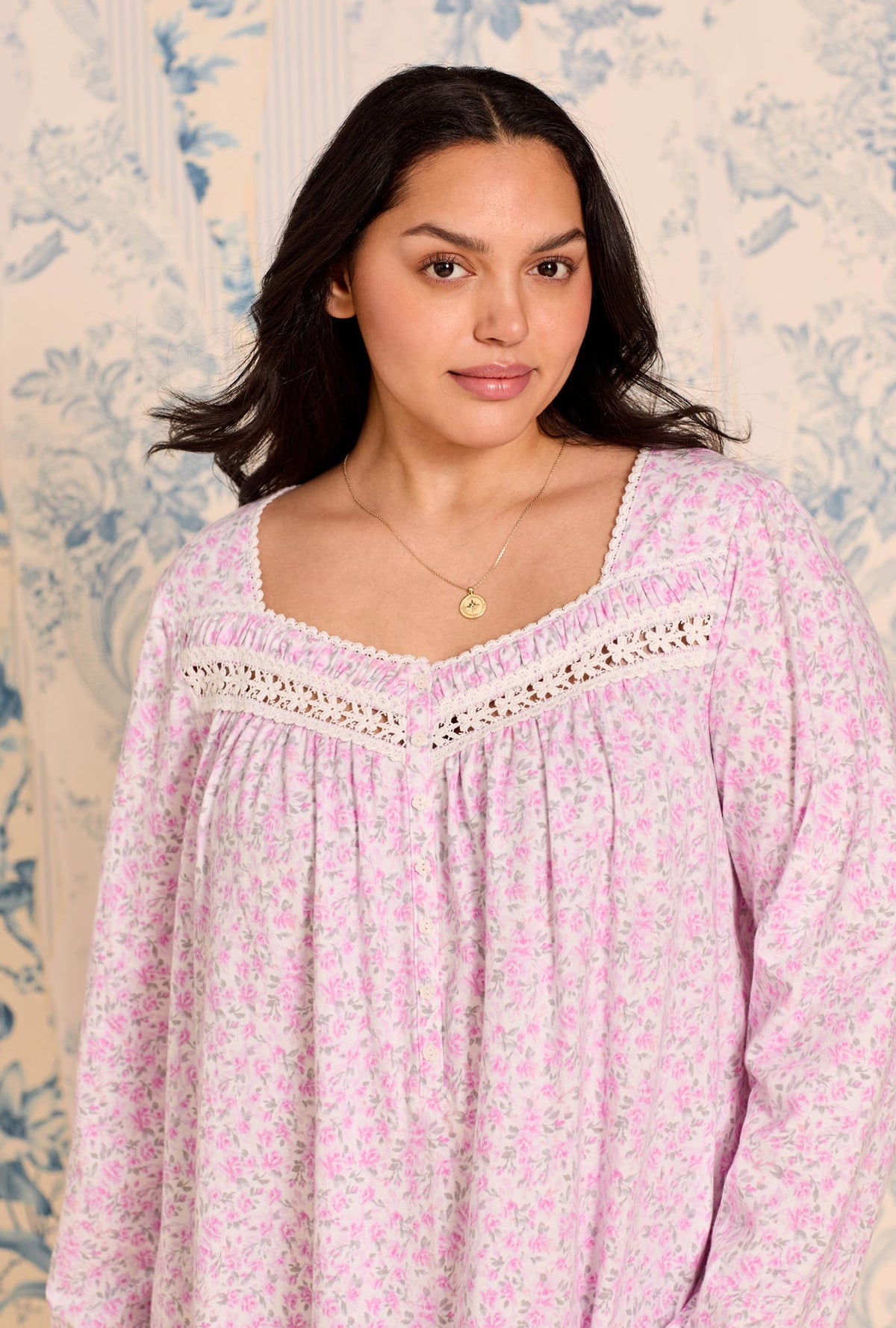A lady wearing Rose Tangle Cotton Knit Long Sleeve Short Plus Nightgown