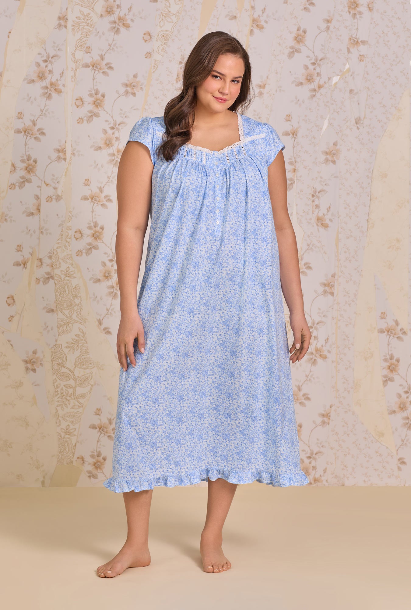 A lady wearing Blue Hydrangea Cotton Knit Cap Sleeve Ballet Nightgown