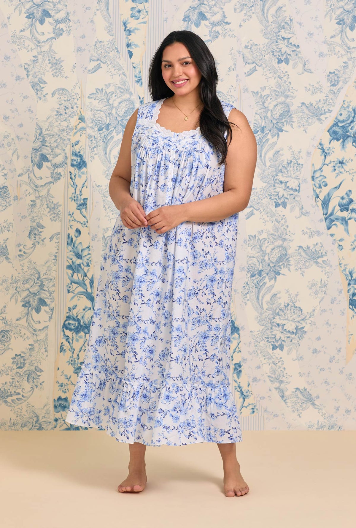 A lady wearing Rustic Rose &quot;Eileen&quot; Cotton Lawn Ballet Nightgown