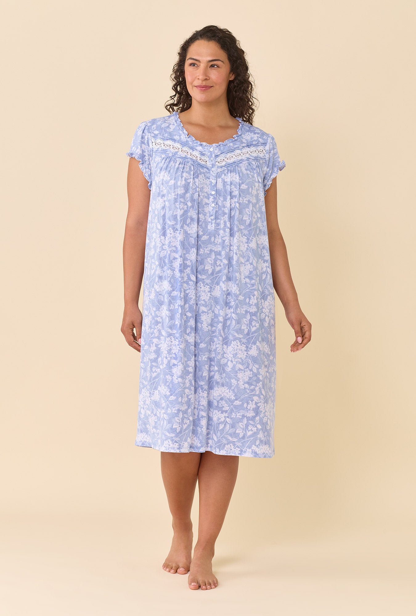 A lady wearing Ondine Floral TENCEL™ Modal Spandex Jersey Knit Cap Sleeve Waltz Nightgown