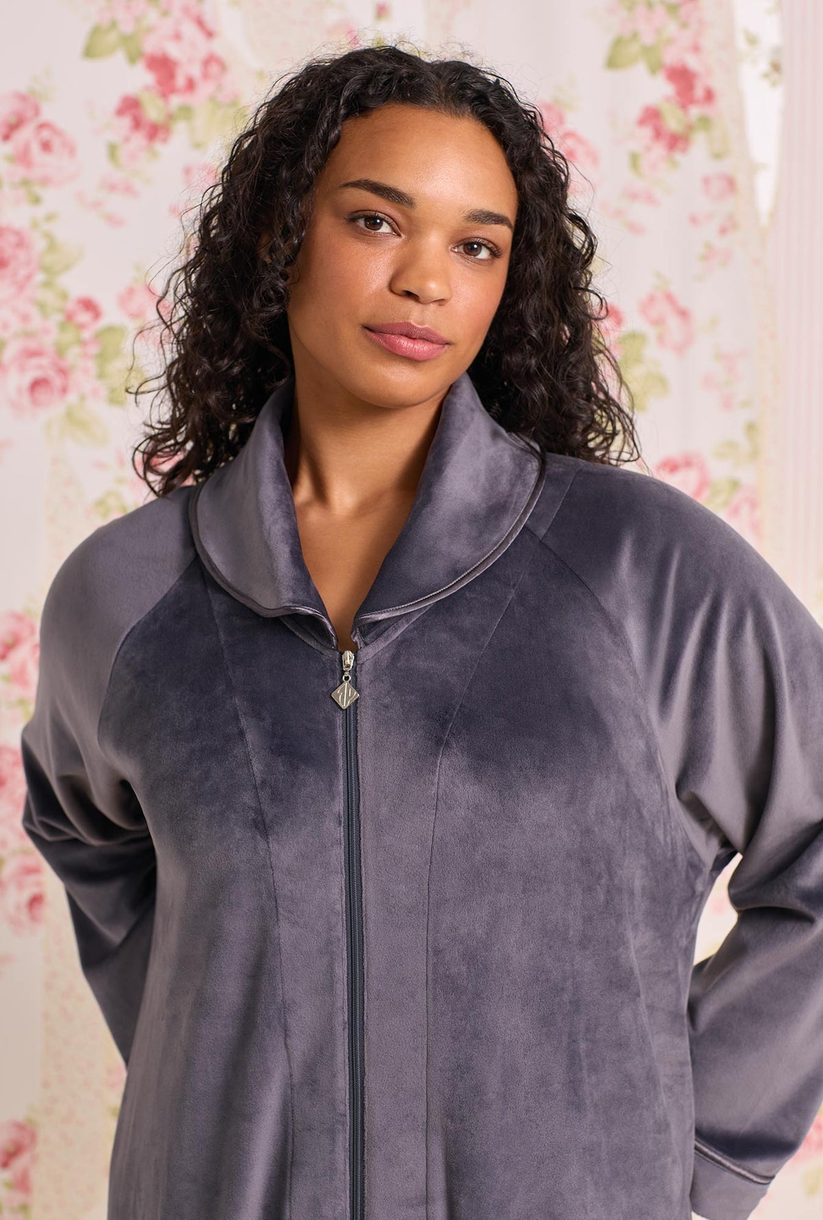 Charcoal;@A lady wearing Lux Velour Long Plus Size Zip Robe