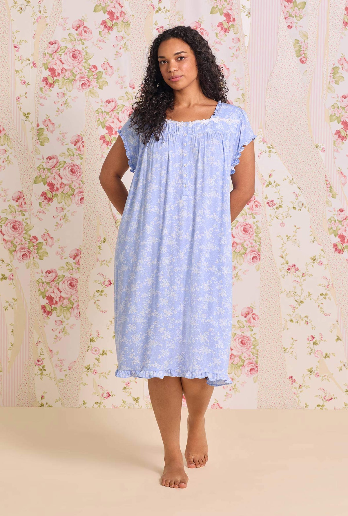 a lady wearing a plus size Cornflower Toile Modal Jersey Cap Sleeve Waltz Nightgown