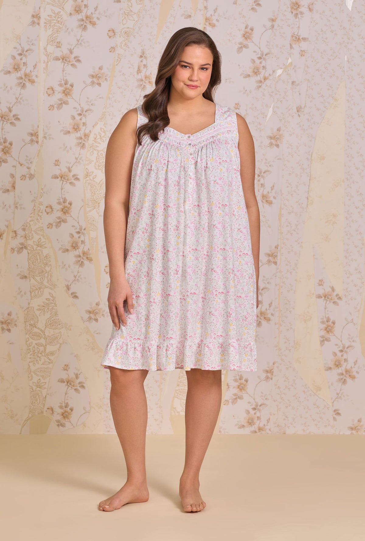 A Lady Wearing Plus Size Strawberry Field Cotton Knit Chemise facing front in a full standing pose