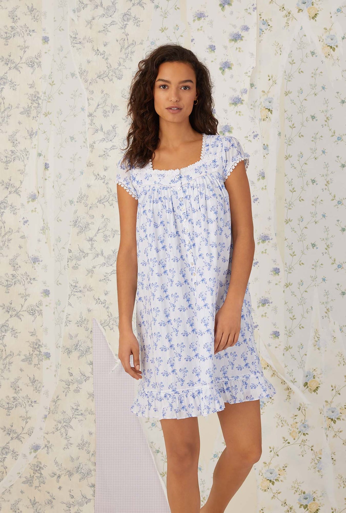 French Floral Stripe Cotton Cap Sleeve Nightgown/ Robe