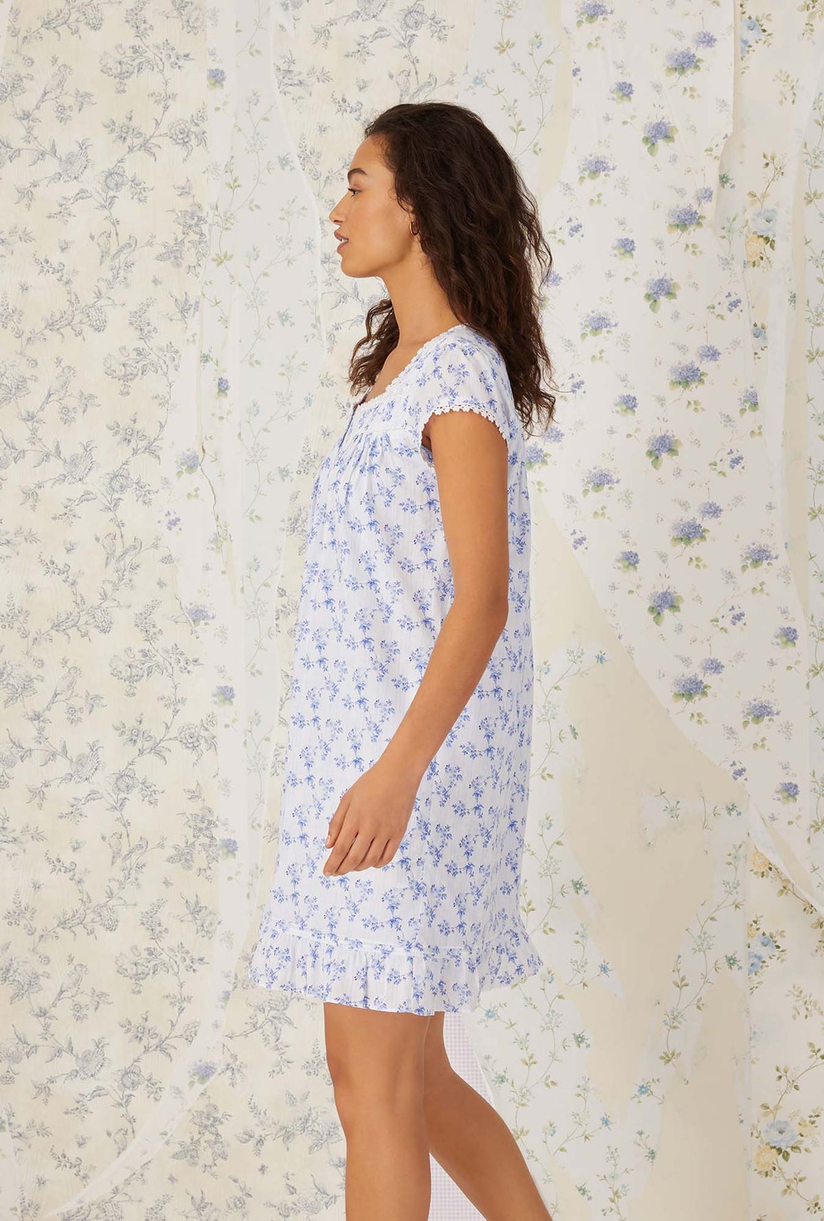French Floral Stripe Cotton Cap Sleeve Nightgown/ Robe