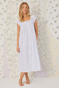 Petite Blue Scroll Cotton Knit Long Nightgown