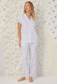Petite Blue Scroll Cotton Knit Notch Pajama