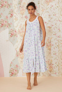 A lady wearing white sleeveless shelby Nightgown with lavender carnations print