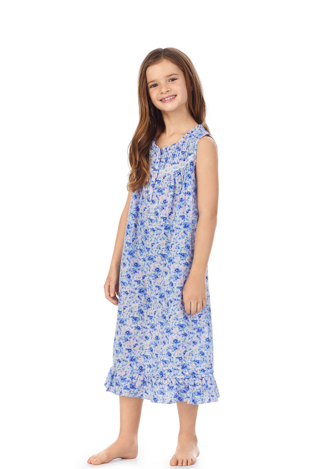 A girl wearing blue sleeveless lil eileen mother&#39;s garden girls nightgown.