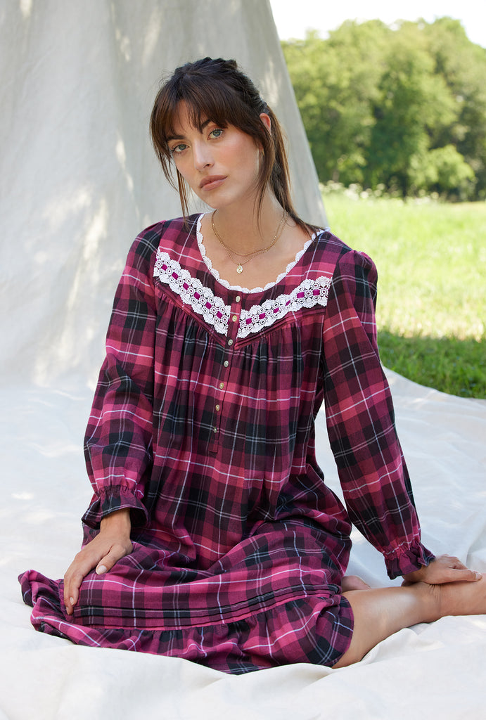 Holly Berry Plaid Rayon Lightweight Flannel Waltz Nightgown - Eileen West