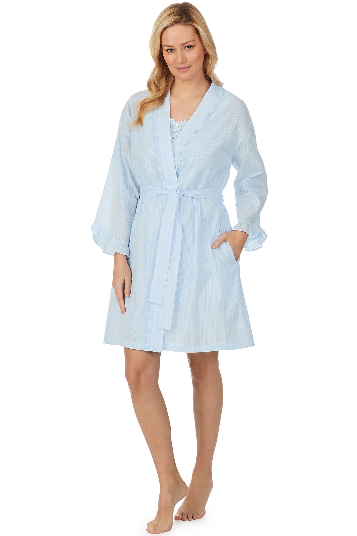 A lady wearing blue short wrap robe with stripe texture