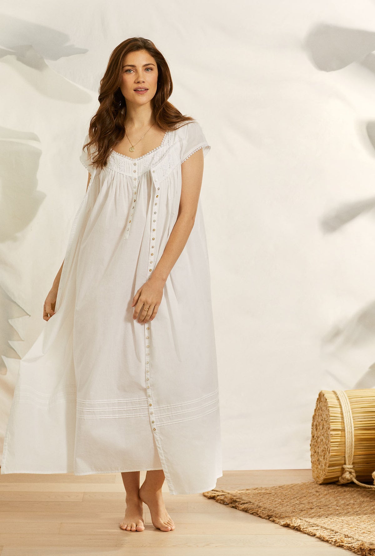 Soft Whisper Cotton Ballet Cap Sleeve Button Front Robe/ Nightgown