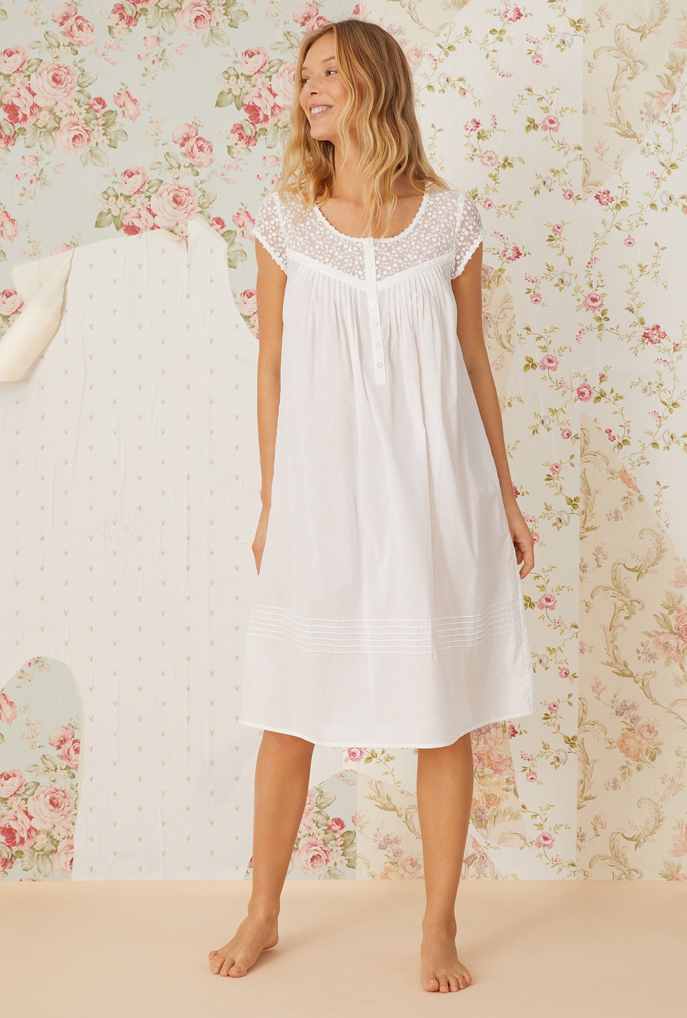A lady wearing Lace Daydream White Cotton Waltz Nightgown