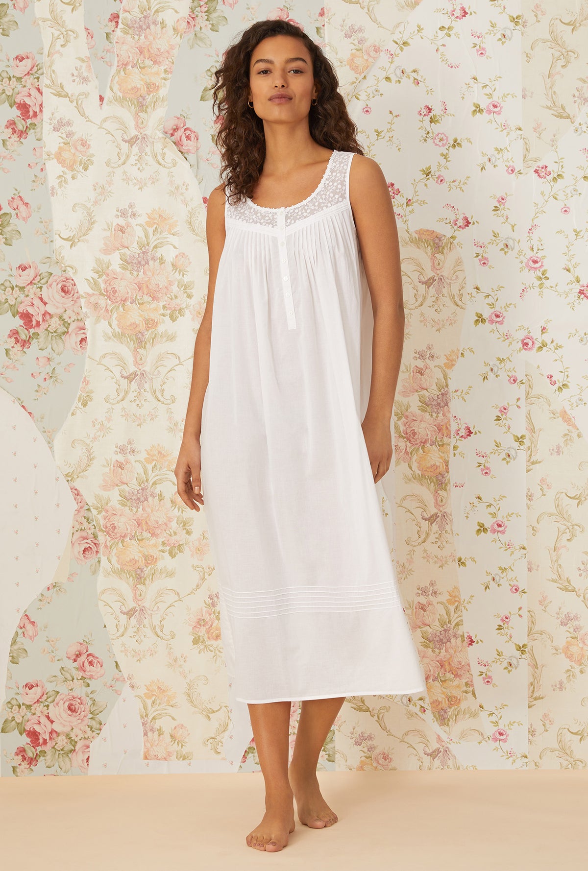 A lady wearing Lace Daydream &quot;Eileen&quot; White Cotton Ballet Nightgown