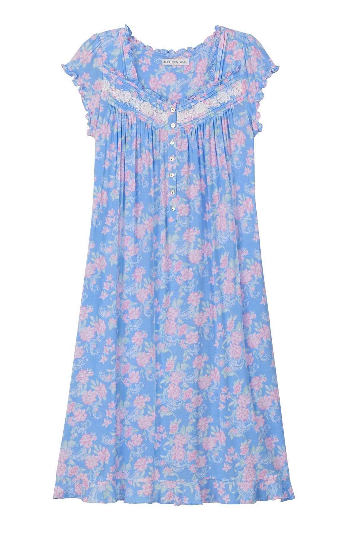 A lady wearing blue cap sleeve waltz nightgown with paisley floral print.