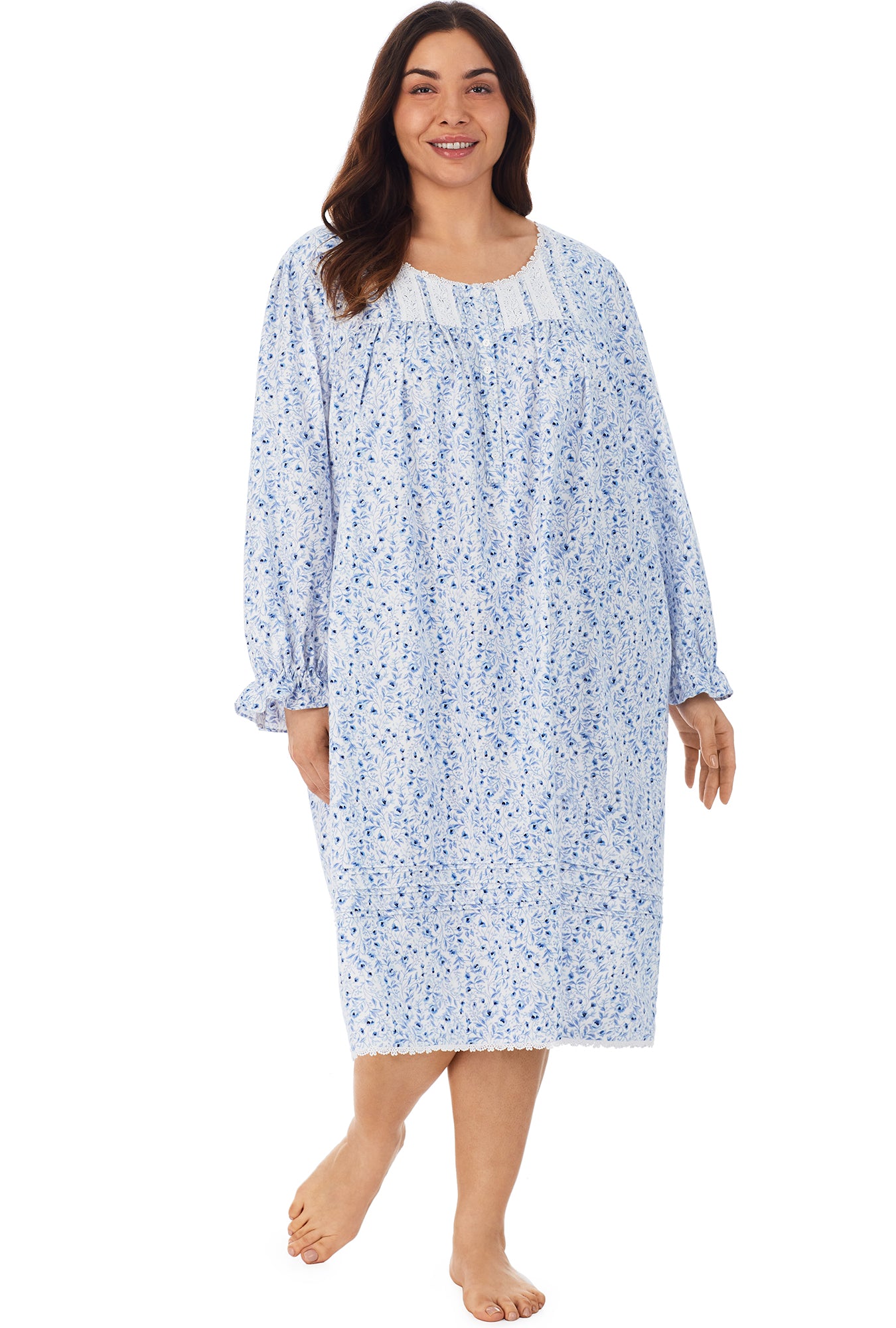 A lady wearing a hevenly rose long sleeve rayon lightweight flannel waltz nightgown.